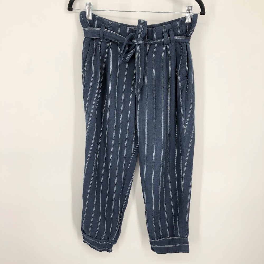 Banana Republic Womens Avery Linen Crop‎ Pant Size 0 Tie Waist Blue Stripe Coast